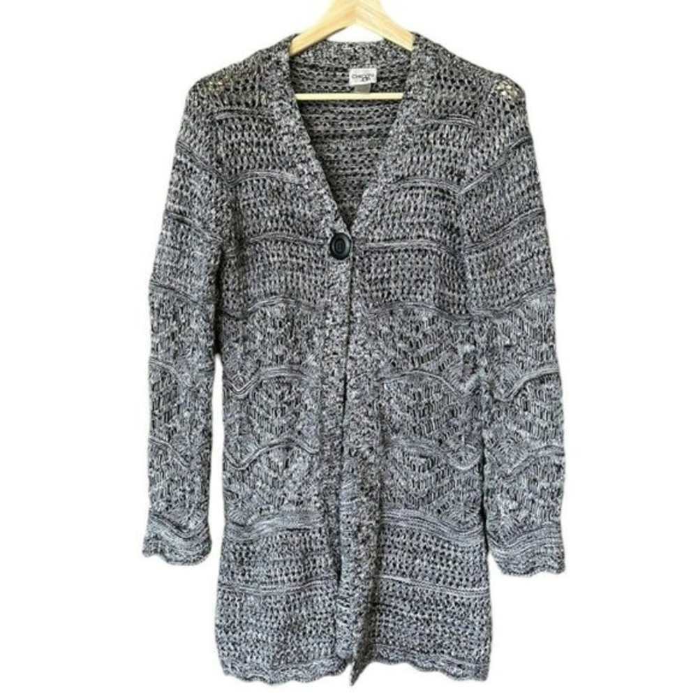 Chico's Black White Crochet Knit Long Open Front Cardigan Womens 1 (M)